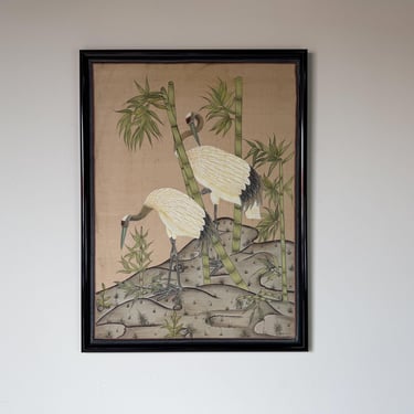 Vintage Japanese  Red-Crowned Cranes in  Bamboo Garden Tropical Landscape art  Painted Silk  Scroll 