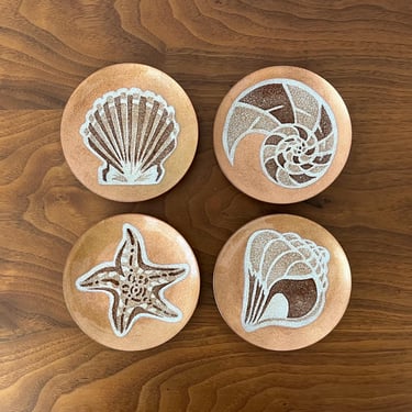 Vintage Annemarie Davidson Enameled Copper Seashell Coasters with Stand - Set of 4 