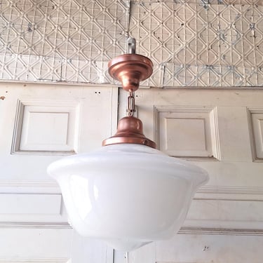 Art Deco Pendant Light, White Glass Globe, Copper Color Schoolhouse Style 