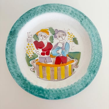 Vintage Giovanni De Simone Italian Ceramic Art Plate Wine Makers Motif 1970s 