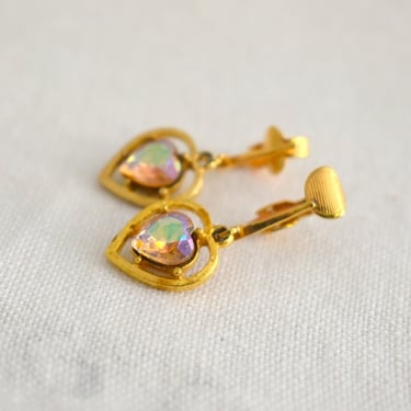 1960s Iridescent Pink Rhinestone Heart Clip Earrings 