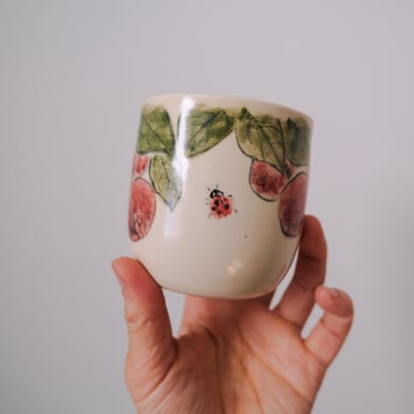 Bamboo Brush Painted Ceramic Mug // Red Fruit with Ladybug 