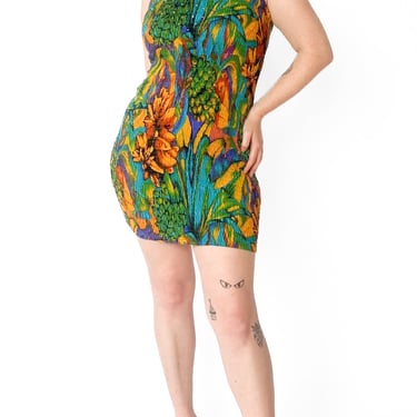 1980s Tropical Smocked Bodycon Dress, sz XS-2XL