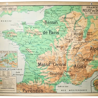 LARGE FRENCH SCHOOL Aid Geographic MAP OF FRANCE MID CENTURY industrial style