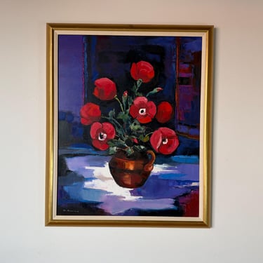 Bruno Perino “Coquelicots” (Amapolas) Still Life Oil on Canvas Painting, Framed 