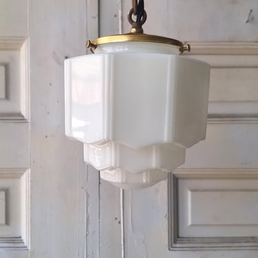Small Vintage Pendant Art Deco Light, White Glass and Brass Light, Kitchen Island Lighting, Architecture Salvage 053003 