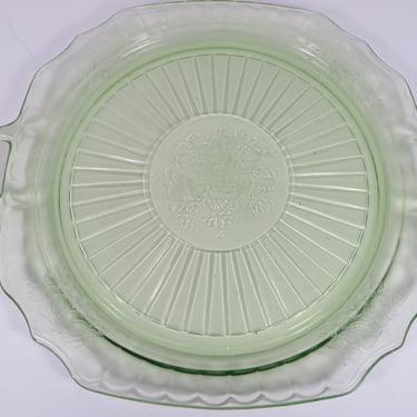 Vintage Anchor Hocking Mayfair Open Rose Green Uranium Glass Cake Plate - 1930s Mayfair Open Rose Platter 