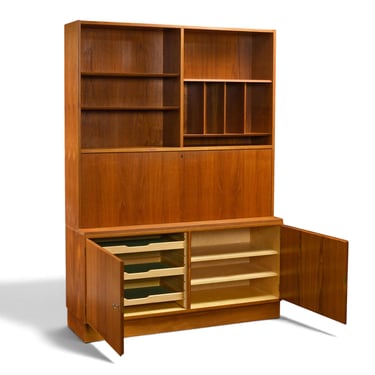 Poul Hundevad Teak Two-Piece Cabinet, Bookcase & Drop-Front Secretary, Denmark 