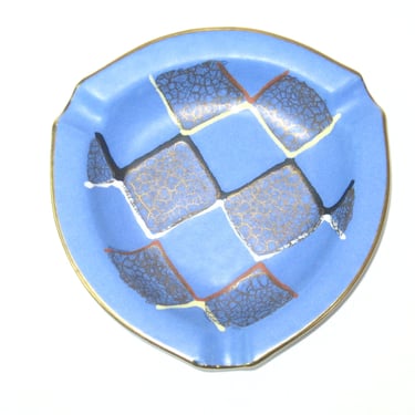 Dumler & Breiden W. Germany MCM Hand Painted Geometric Ashtray Trinket Dish Periwinkle Blue and Gold 