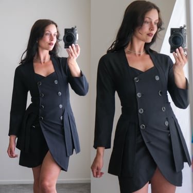 Vintage 80s KARL LAGERFELD Black Double Breasted Military Style Silhouetted Jacket Dress | Made in France | 1980s LAGERFELD Designer Dress 