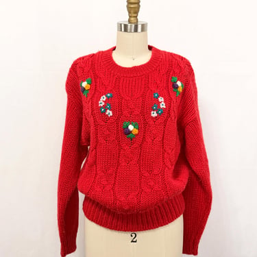 Vintage 80s Embroidered Pullover Sweater | Chunky Red Crewneck | Size Medium 