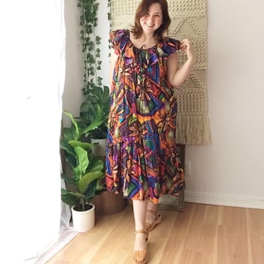 SIZE L/XL 1980s Funky Abstract Maxi Dress Vintage Artsy Floral Trapeze Tent 