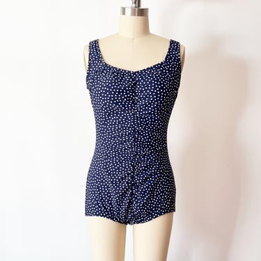 Maxine of Hollywood One Piece Swimsuit Navy Polka Dot Ruched Boy Leg Maillot 