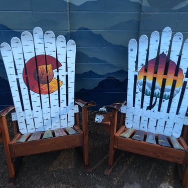 Set of 2- Aspen Sunset Chairs, Painted Colorado Aspen Leaf Chair, Mountain Art, Patio Chair, Deck Chair, Ski Chairs, Aspen leaf, Aspen bark 