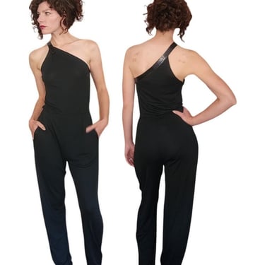 Vintage 1970s Genny by Gianni Versace Jumpsuit Asymmetric Black Rayon One Shoulder Snakeskin Trim Small 