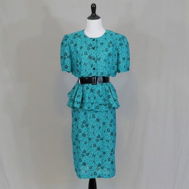 80s Blue Peplum Dress - Black Floral Print - Just Ducky - Vintage 1980s - Size L XL 