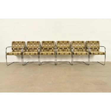 Mies Van Der Rohe Brno Style Mid-Century Modern Chrome Tubular Cantilever Club Chairs, Set of Six