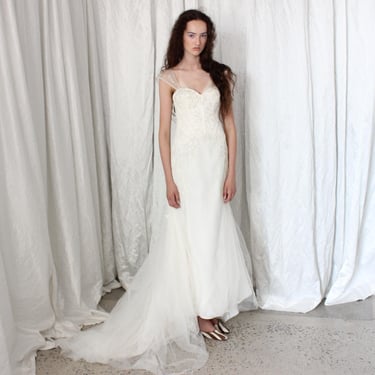 2000s Fairycore Tulle, Lace & Sequin Mermaid Vintage Wedding Dress w/ Train by Galina Signature 