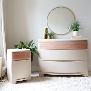 A Vintage Bow Front Dresser and Side Table in Cathedral Taupe