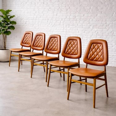 Set of 5 - Mid Century Modern Scandinavian Dining Chairs | Diamond Stitched Upholstery, c. 1960's 