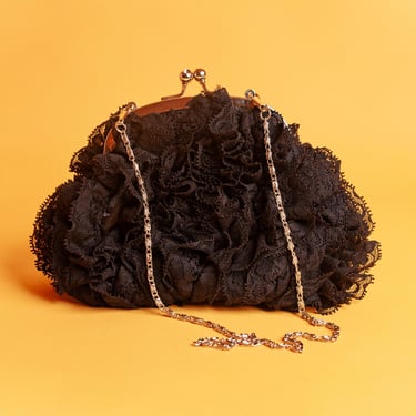90s Black Ruffle Lace Chain Clutch Purse Vintage Crossbody Romantic Strappy Bag 