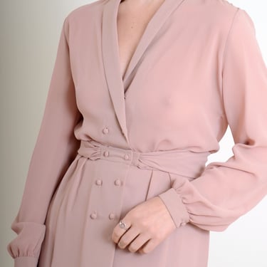 vintage 70s dusty pink skirt SET by Manning Silver / two piece gauzy sheer blouse and pleated skirt / medium 