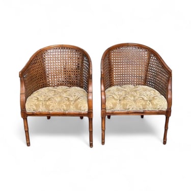 Vintage pair of faux bamboo upholstered chairs 
