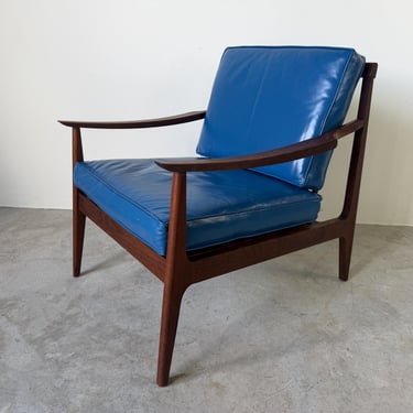 Mid Century Ib Kofod Larsen Style Scandinavian Lounge Chair With Blue Leather Cushions 