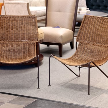 Pair of Frederic Weinberg Wicker and Steel Accent Chairs