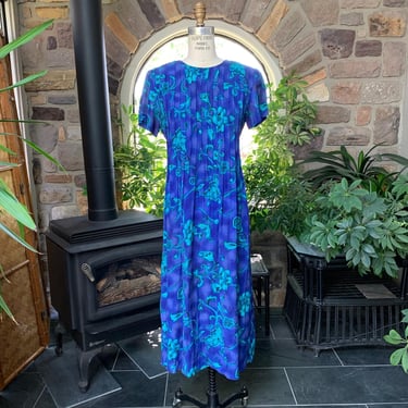 Vintage 1980s Blue and Turquoise Floral Pintucked Back Tie Dress Positive Attitude, Eighties Rayon Office Dress 