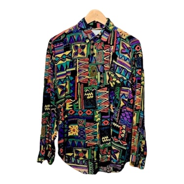 Abstract Print Oxford, Vintage 90s Pattern Shirt, Distressed Long Sleeve Colorful Print Button Down Collared Shirt, Loose Fit Casual Blouse 