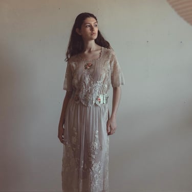 Rare antique Edwardian tulle filet lace gown wedding 1900s 