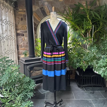 Vintage 1970s Black Knit Dress with Colorful Stripes R & K Originals 