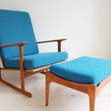 Danish Mid Century Modern Walnut Sleigh Leg High Back Lounge Chair and Ottoman Ib Kofod Larsen 