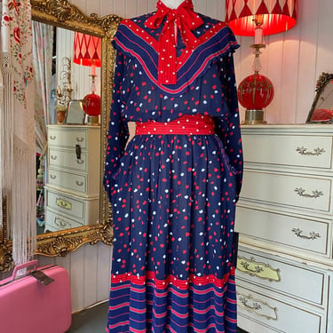 vintage 1980s blouson dress shawl shoulders accordion pleats mosiac m/l blue red 