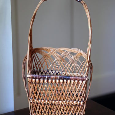 Vintage Wicker Wine Bottle Carrier | Tall Handwoven Basket with Handle | Rustic Farmhouse Kitchen or Boho Decor, 19