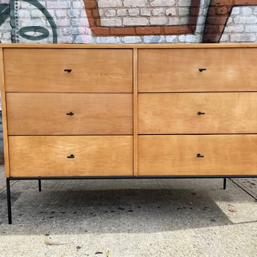 Vintage Paul Mccobb planner group modern mid century 6 drawer blonde maple dresser iron base T pulls 