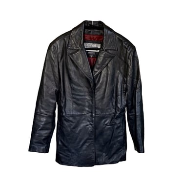 Black Leather Jacket, Vintage Y2k 90s 00s Wilson's Leather Coat, Button Up Leather Jacket, Simple Minimal Loose Fit Pockets Small 