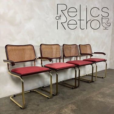 Four Brass Pink Cane Rattan Marcel Breuer Cesca Dining Chairs Mid Century Vintage Retro MCM 