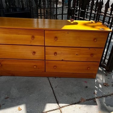 Skinny 6 drawer pine dresser. 61.5” x 16.5” x 29.5” 