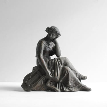 Antique Spelter Clock Topper of a Greek Goddess with a Lyre Harp 
