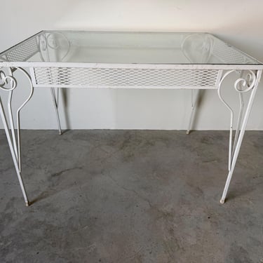 Vintage White Painted Metal and Glass Top Garden Dining Table 
