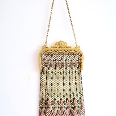 Mandalian Lustro Pearl 20s Purse Pink Enamel Teardrop Fringe Bird Clasp 