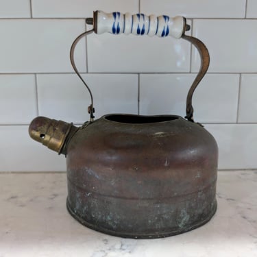 Vintage Antique Coffee Teapot with Delft Blue Porcelain Handle and Patina 