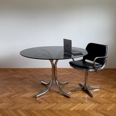 Vintage Round Smoked Glass Dining Table / Bauhaus Style Chrome Table / Mid Century Italian Space Age Table / 1970s 