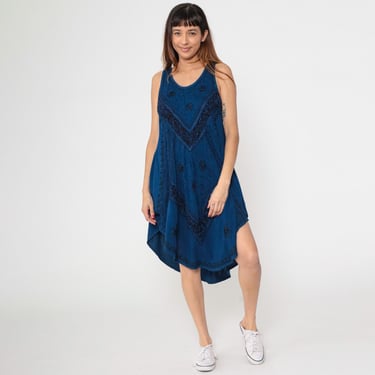 Indian Embroidered Dress Dark Blue Asymmetrical Hem Sundress Boho Midi Dress y2k Hippie Tent Trapeze Sleeveless Sun Vintage 00s Medium M 