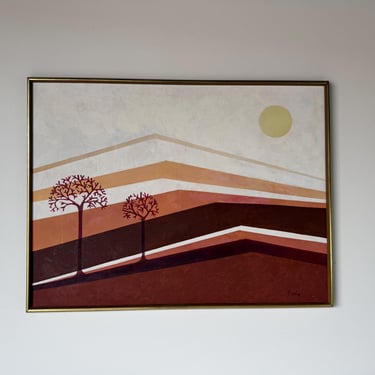 1980's Vintage Postmodern Geometric Landscape Oil Painting on Canvas, Framed 
