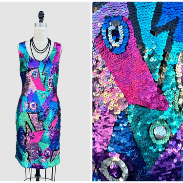 VINTAGE DAVAL DESIGNS Sequins 80s/90s Dress | 1980s 1990s Purple Pink Blue Silver Sparkle Gown | Disco, Pinup, Ziggy Stardust | Size Medium 