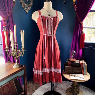 1970s BEE DARLIN Lace Up Floral Prairie Dress / Vintage Hand Dyed Cotton Dress / Gunne Sax Vibes / Micro Flower Print / Women's Size Small 