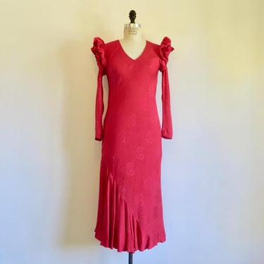 1980's Red Silk Jacquard Bias Cut Midi Formal Dress Ruffle Shoulders Long Sleeve Evening Cocktail Party Judy Hornby Size Small 
